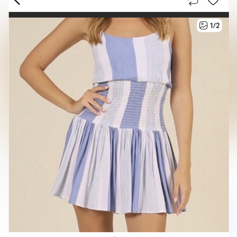 Ocean Drive Fiji Blue Striped, Smocked Ruffle Mini Dress, Size S